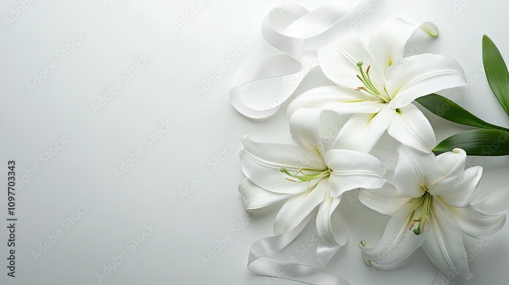 Elegant white lilies adorned with soft ribbons on a gentle backdrop. Elegant white lilies adorned with soft ribbons on a gentle backdrop.