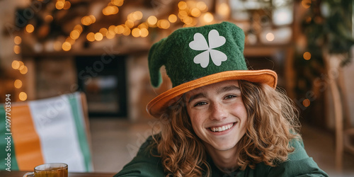 A cheerful individual wearing a green hat adorned with a shamrock, sitting in a warmly lit room with festive decorations, representing joy and cultural celebration. photo