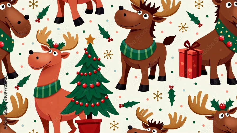 Obraz premium Cute Christmas Reindeer & Moose Seamless Pattern