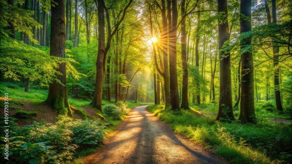 Obraz premium Tranquil Forest Pathway with Sunlight Filtering Through Trees, Nature's Serenity, Scenic Landscape Photography, Peaceful Hiking Trail, Lush Greenery, Natural Beauty, Outdoor Adventure