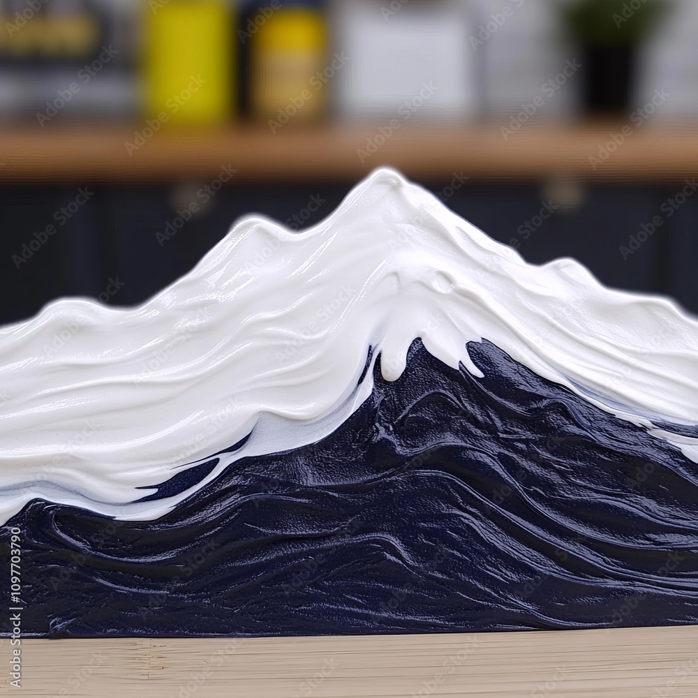 Abstract art depicting a mountain range with white peaks and a dark blue base.