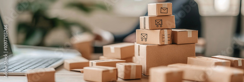 A work setting with a stack of small cardboard packages sitting next to a laptop on a desk, suggesting business, logistics, and modern office environment. photo