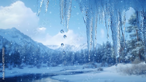 Sparkling Icicles Hang from a Snow-Covered Overhang with Glistening Droplets, Frigid Landscape Revealed in a Winter Wonderland Scene photo