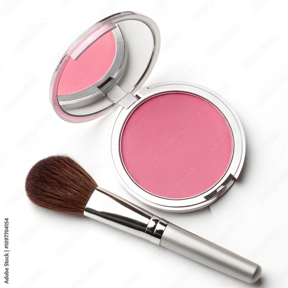 Pink blush and makeup brush on white background. Pink blush and makeup brush on white background.