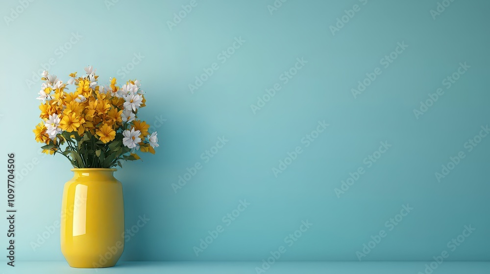 Yellow Vase with White and Yellow Daisies Blue Background Spring Flowers Home Decor Yellow Vase with White and Yellow Daisies Blue Background Spring Flowers Home Decor