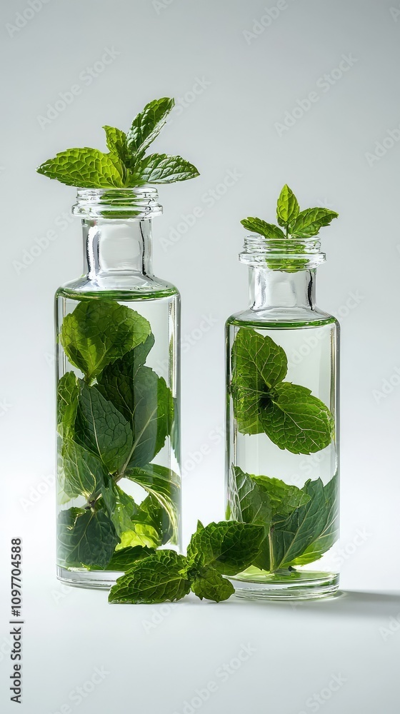 Fresh Mint Leaves Infused in Glass Bottles with Water for Natural Aesthetic Decoration and Herbal Essence in a Minimalist Style Fresh Mint Leaves Infused in Glass Bottles with Water for Natural Aesthetic Decoration and Herbal Essence in a Minimalist Style