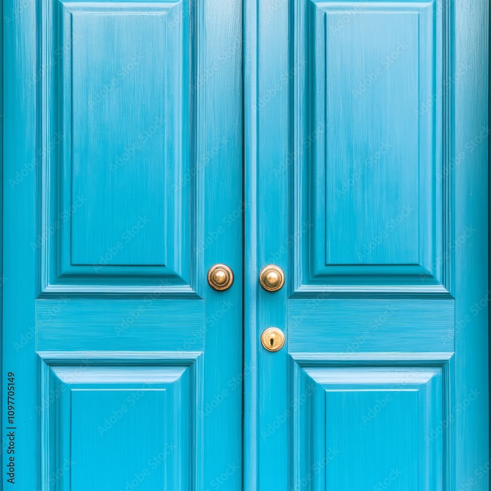 Fototapeta premium Blue double door with gold knobs and keyhole.