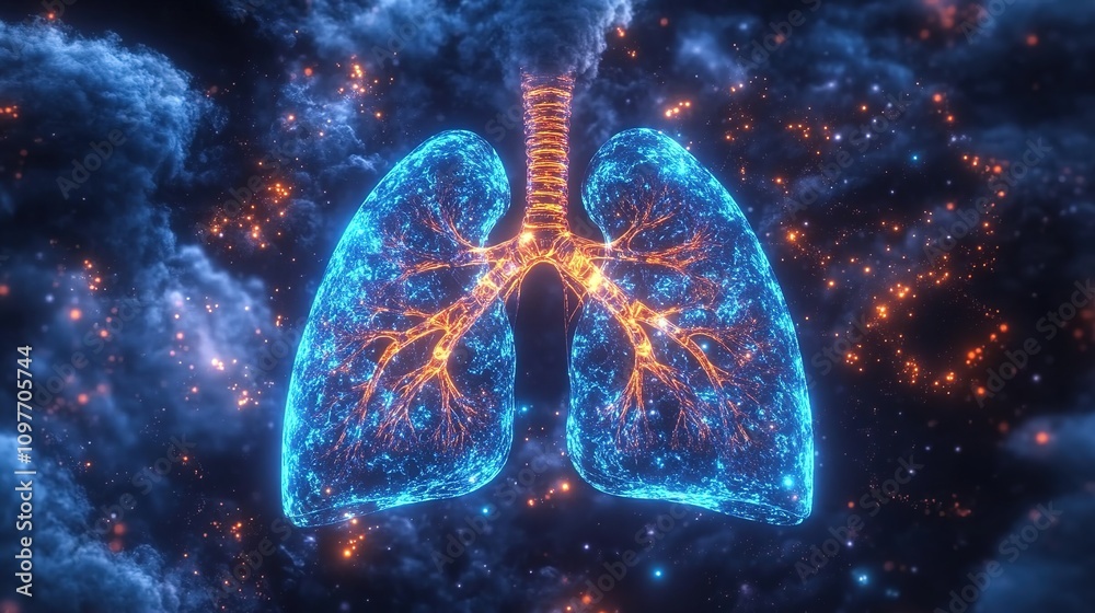 3D digital art of lungs made from glowing blue and orange connections, set against an abstract dark background with bokeh lights. 3D digital art of lungs made from glowing blue and orange connections, set against an abstract dark background with bokeh lights.