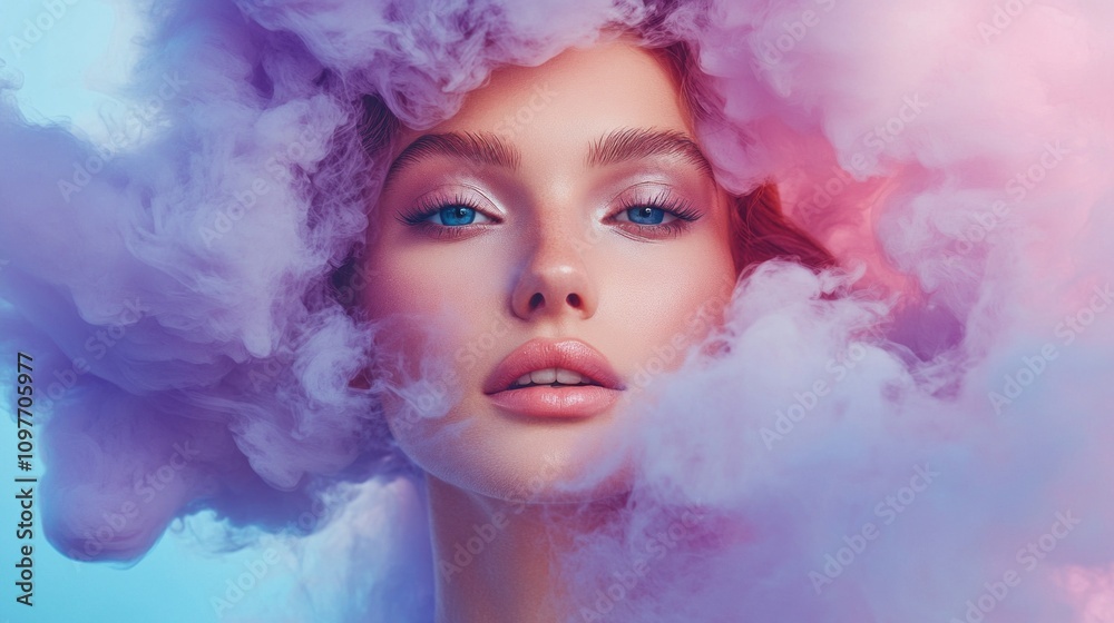 A woman with blue eyes and a purple hairdo A woman with blue eyes and a purple hairdo