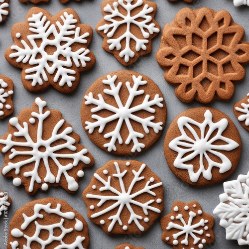 Close-up of assorted snowflake-shaped gingerbread cookies with white icing.