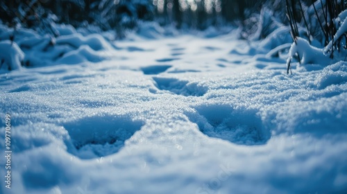 Tranquil Winter Path in a Snowy Forest with Animal Tracks Leading into the Distance Under Soft Natural Light photo