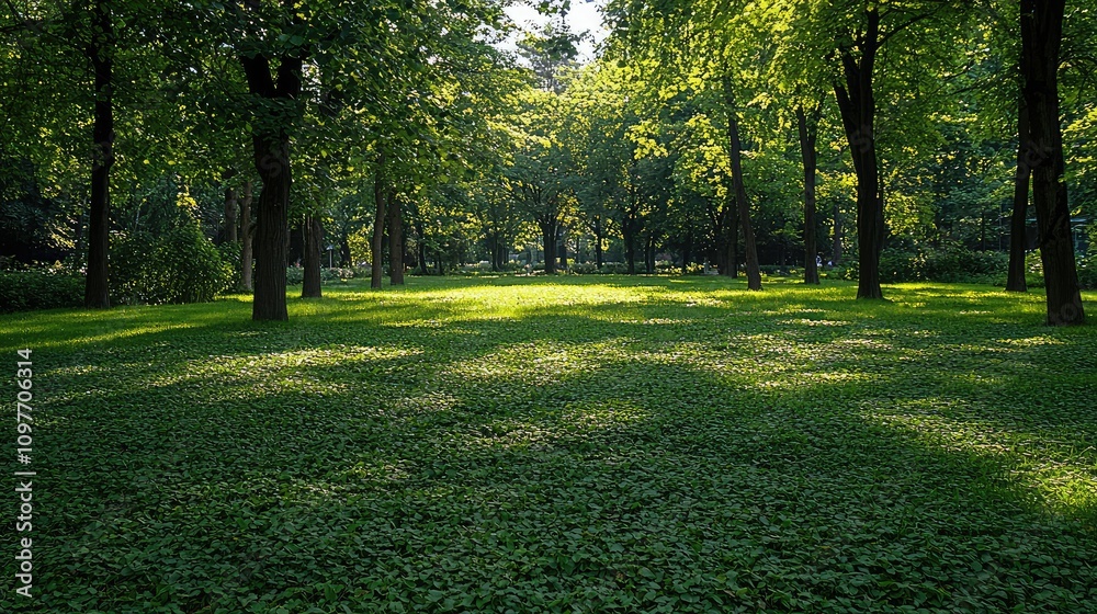 Obraz premium Lush Green Park Scene with Sunlight Filtering Through Trees, Showcasing Vibrant Nature, Serenity, and Peaceful Outdoor Atmosphere for Relaxation and Leisure Activities