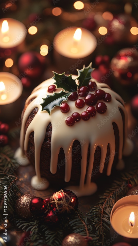 Christmas pudding in a festive mood, adorned with icing and berries, surrounded by candles and ornaments in warm tones Christmas pudding in a festive mood, adorned with icing and berries, surrounded by candles and ornaments in warm tones