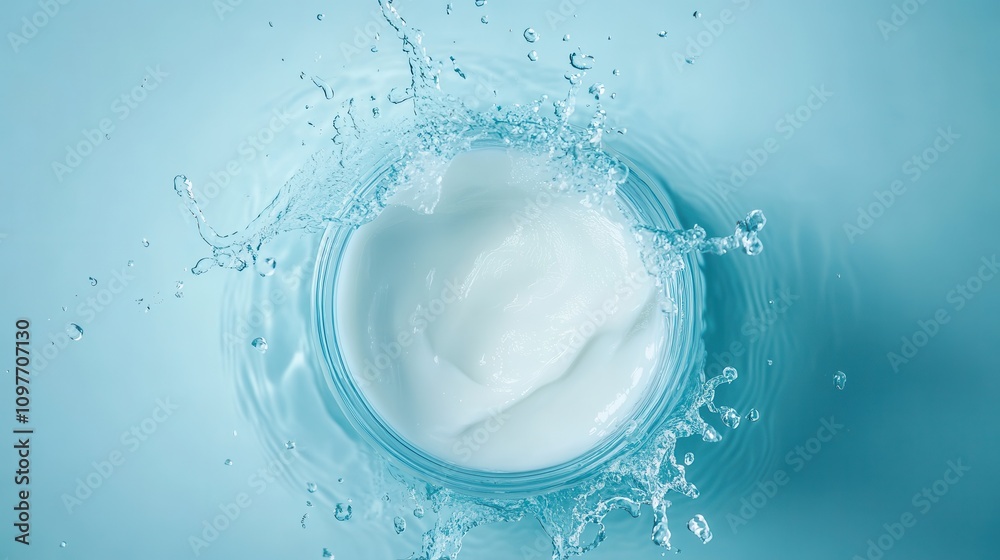 Glass jars of cosmetic cream on water surface,Cooling effect skin care products concept,Moisturizing collagen beauty product, hydrating face or body cream,nourishing skin of face,copy space. Glass jars of cosmetic cream on water surface,Cooling effect skin care products concept,Moisturizing collagen beauty product, hydrating face or body cream,nourishing skin of face,copy space.