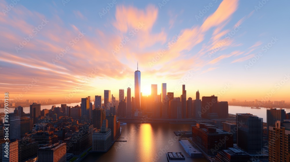 The sun is setting over a city skyline, casting a warm glow over the buildings The sun is setting over a city skyline, casting a warm glow over the buildings