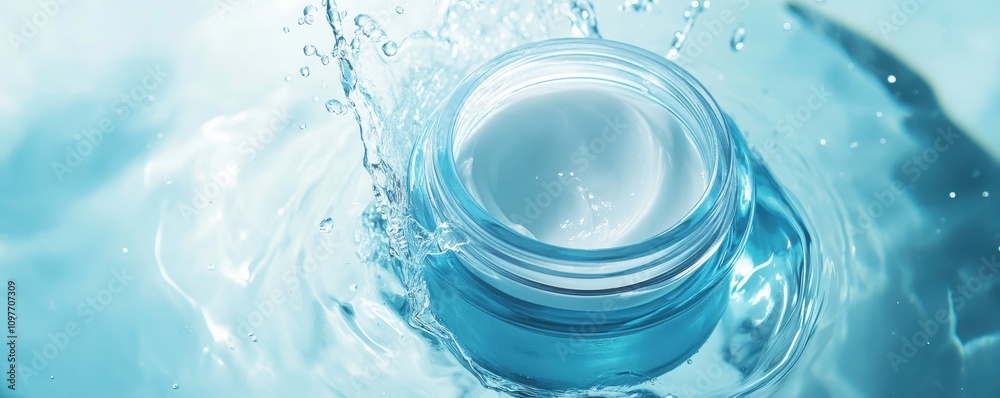 Glass jars of cosmetic cream on water surface,Cooling effect skin care products concept,Moisturizing collagen beauty product, hydrating face or body cream,nourishing skin of face,copy space. Glass jars of cosmetic cream on water surface,Cooling effect skin care products concept,Moisturizing collagen beauty product, hydrating face or body cream,nourishing skin of face,copy space.