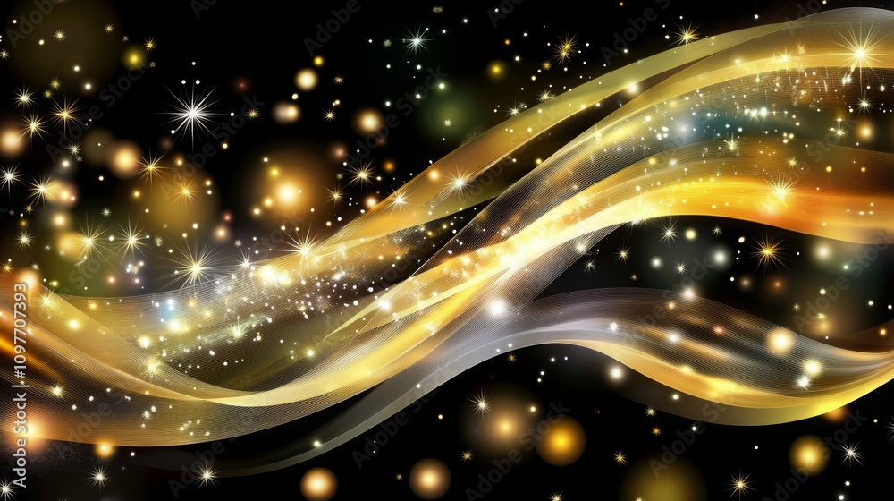 Obraz premium Festive golden ribbons creating celebratory atmosphere for New Year's Eve or special events, ideal for text overlay. New year celebration concept with elegant design and vibrant colors.