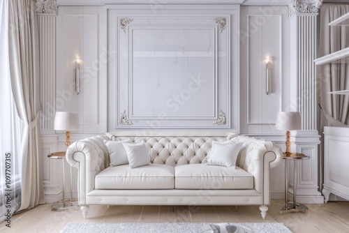 Elegant white leather chesterfield sofa in a luxurious, classically styled room with ornate moldings and side tables. photo