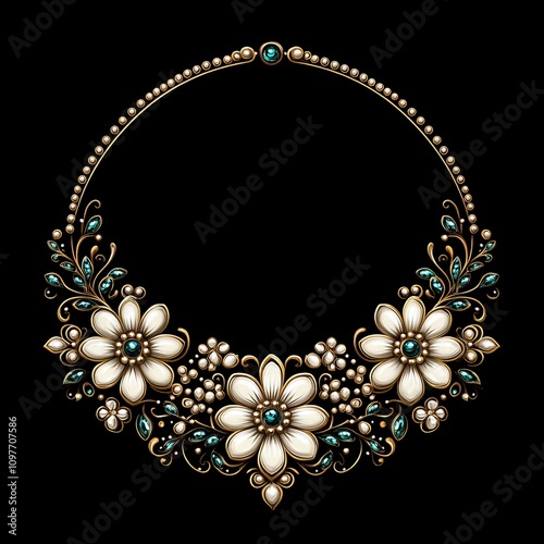Elegant circular frame adorned with pearl flowers, teal gemstones, and gold accents, perfect for invitations or design elements.