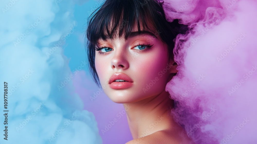 A woman with blue eyes and a pinkish purple background A woman with blue eyes and a pinkish purple background