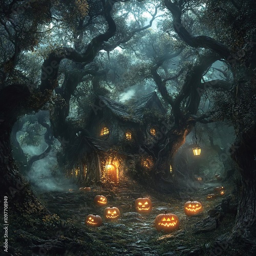 arafed house in a forest with carved pumpkins in front of it photo