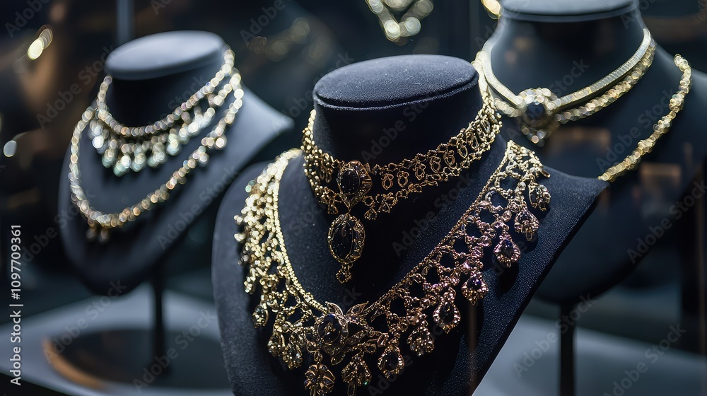 Exquisite Display of Elegant Gold Jewelry Featuring Intricate Necklaces and Sparkling Accents in a Luxurious Showcase Setting Exquisite Display of Elegant Gold Jewelry Featuring Intricate Necklaces and Sparkling Accents in a Luxurious Showcase Setting