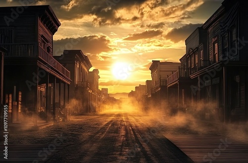 A wide shot of an old Western town street with buildings on either side