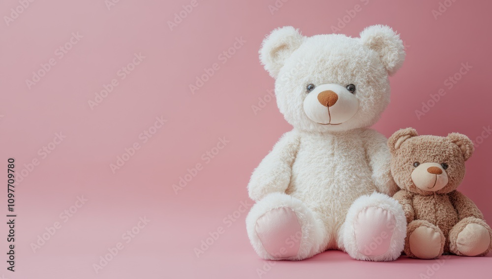 Two Teddy Bears Sitting on Pink Background Two Teddy Bears Sitting on Pink Background