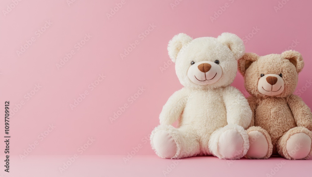 Two teddy bears sitting on a pink background Two teddy bears sitting on a pink background