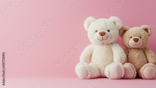 Two teddy bears sitting on a pink background