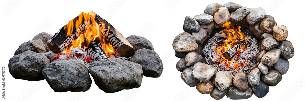 Set of a campfire with rocks around the fire, isolated on a transparent background. Set of a campfire with rocks around the fire, isolated on a transparent background.