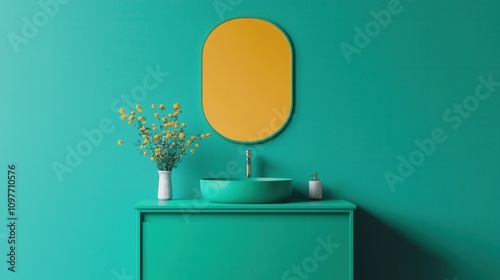 bathroom cabinets. A modern bathroom featuring a green wall, minimalist sink, and a round yellow mirror, complemented by a small vase of flowers. photo