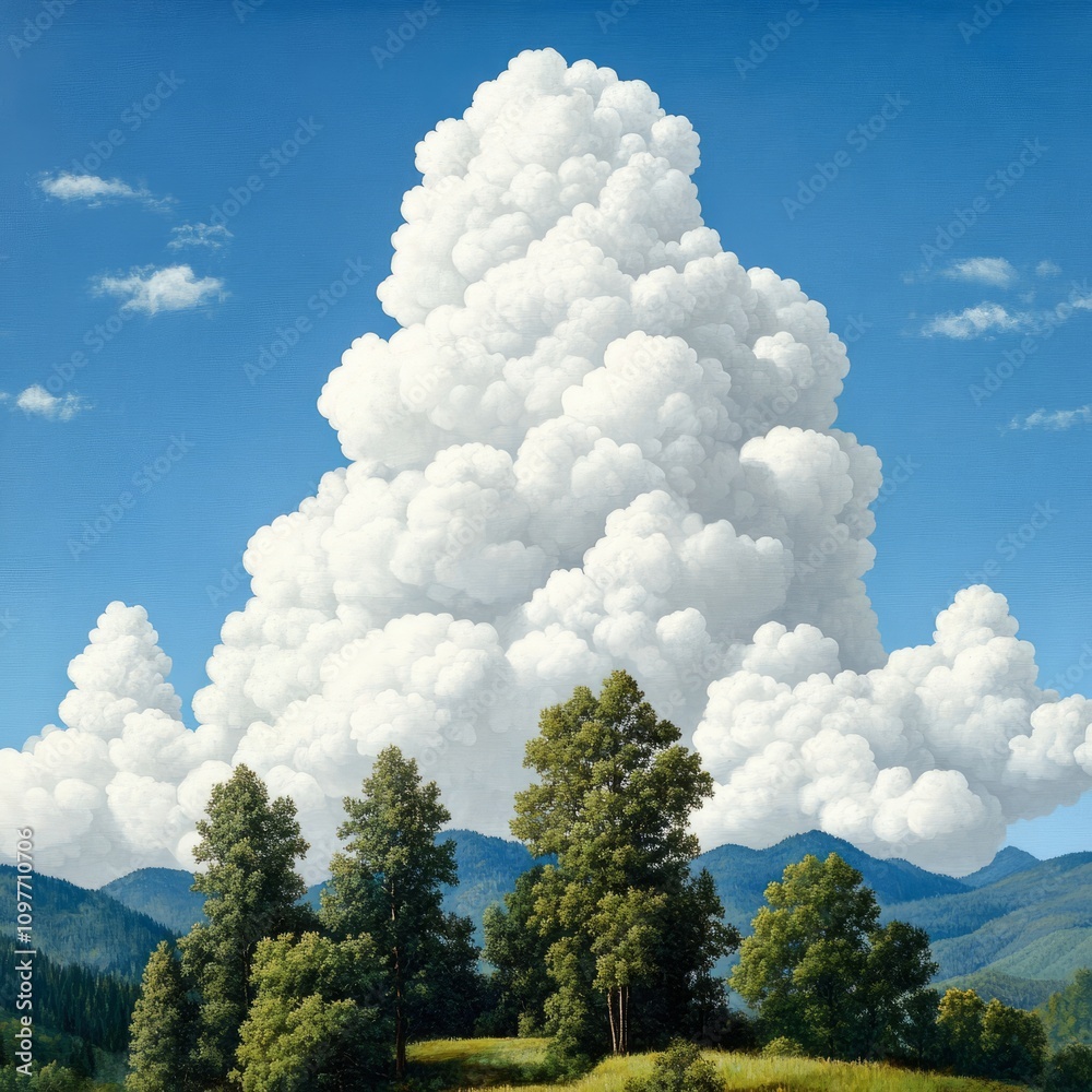 Majestic cumulus cloud formation over a verdant landscape with mountains in the background under a clear blue sky. Majestic cumulus cloud formation over a verdant landscape with mountains in the background under a clear blue sky.