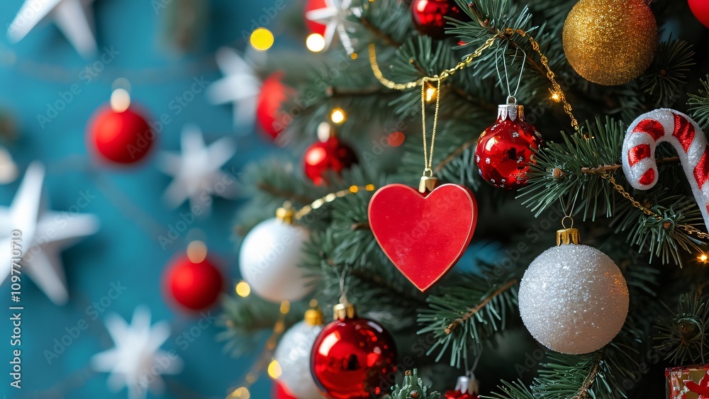 Close-up Christmas Tree, Red, White, Gold Ornaments, Star Lights, Hearts Close-up Christmas Tree, Red, White, Gold Ornaments, Star Lights, Hearts