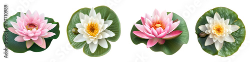 Set of a pink lotus flower with green leaves, isolated on a transparent background.