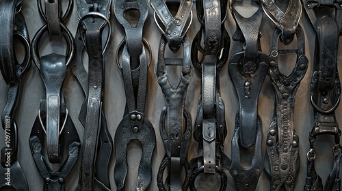 Close-Up View of Vintage Black Leather Restraints and Harnesses Displayed on a Wall, Showcasing Intricate Details of Craftsmanship and Texture photo