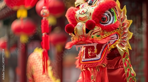 Wallpaper Mural Vibrant chinese dragon head with red lanterns at festive celebration. Torontodigital.ca