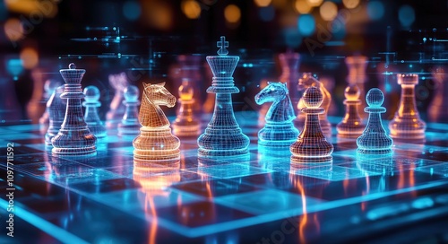 Digital chess board with holographic pieces, representing the use of AI in strategic planning and business strategy concepts.