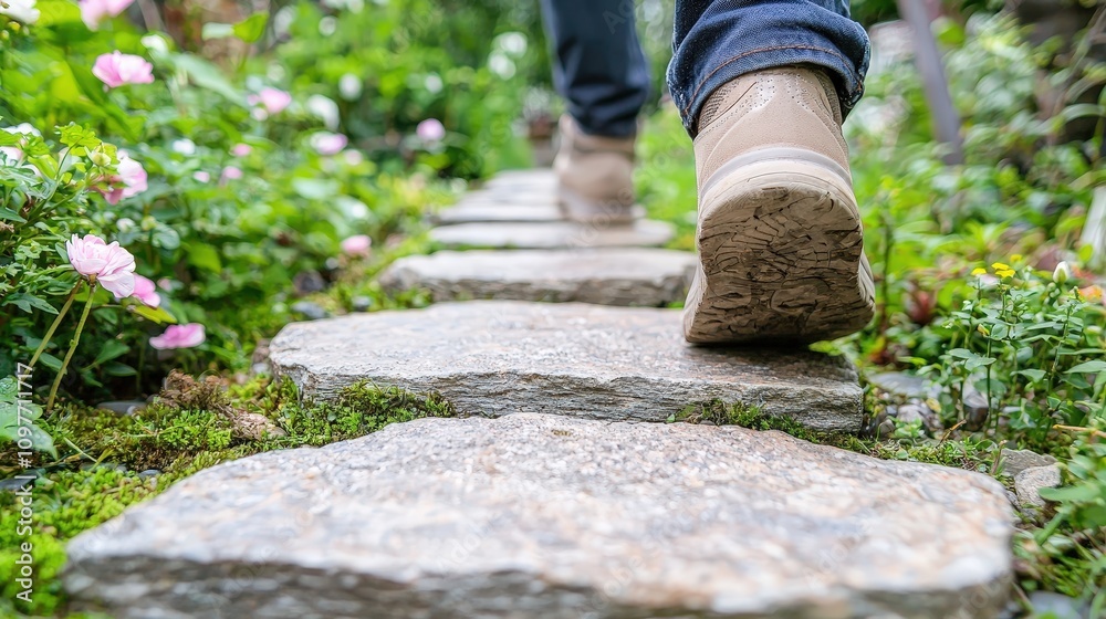 Serene Garden Path Person Walking on Stone Steps Tranquil Nature Scene Spring Flowers Serene Garden Path Person Walking on Stone Steps Tranquil Nature Scene Spring Flowers