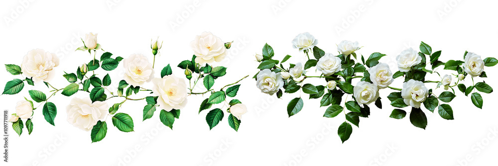 Fototapeta Set of white rose bushes with green leaves, isolated on a transparent background.