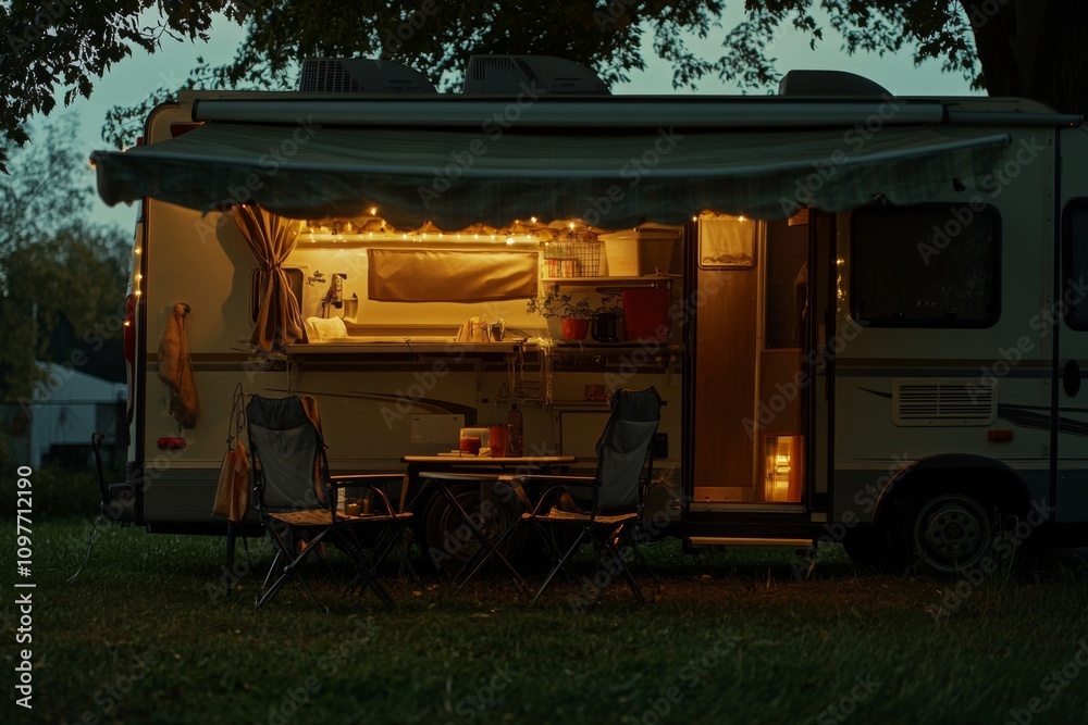 Close-Up of RV Awning with Camping Chairs and Tables, Warm Light Inside, Green Grass, Trees Behind - Cozy Summer Vibes at Night Close-Up of RV Awning with Camping Chairs and Tables, Warm Light Inside, Green Grass, Trees Behind - Cozy Summer Vibes at Night
