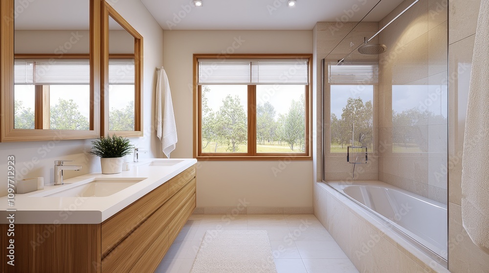 Modern Bathroom Design Double Vanity Plants Glass Shower Natural Light Modern Bathroom Design Double Vanity Plants Glass Shower Natural Light