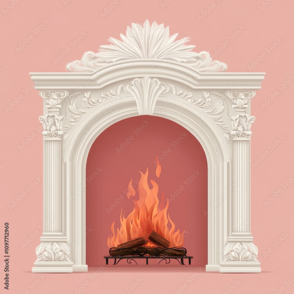 Ornate white fireplace with burning fire. Ornate white fireplace with burning fire.