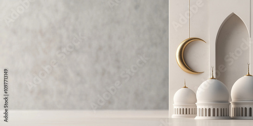 Image showcasing a trio of domed structures, accompanied by a golden crescent moon, reflecting themes of Islamic architecture and cultural significance in a minimalist style.