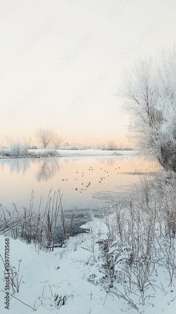 Tranquil Winter Scene at Dawn with Soft Reflections on a Still Pond Surrounded by Frosty Trees and Grass Creating a Serene Natural Landscape Tranquil Winter Scene at Dawn with Soft Reflections on a Still Pond Surrounded by Frosty Trees and Grass Creating a Serene Natural Landscape