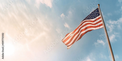 The American flag beautifully waves against a backdrop of a sunny sky, symbolizing freedom, patriotism, and national pride in a vivid portrayal of hope and unity. photo