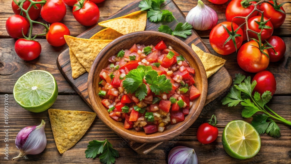 Salsa and Tortilla Chips in Bowl on Rustic Wooden Surface - Top View Food Photography, Perfect for Recipes, Party Snacks, and Appetizers