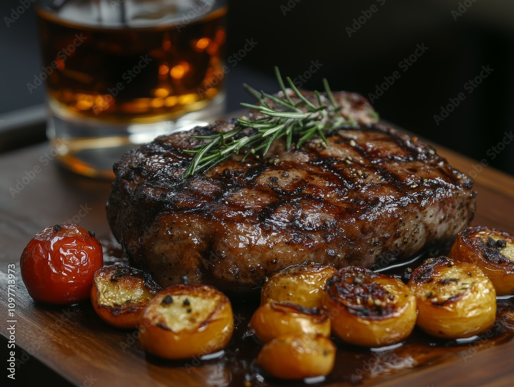 Delicious grilled steak with roasted tomatoes and a whiskey drink. Delicious grilled steak with roasted tomatoes and a whiskey drink.