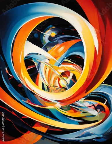 A striking abstract composition of swirling, colorful rings and shapes. The bold reds, yellows, and blues blend together dynamically, creating a sense of movement and energy, ideal for contemporary