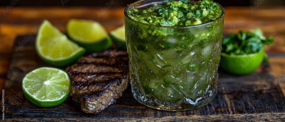 Obraz premium Grilled steak with a refreshing cocktail and lime wedges.